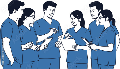 A Diverse Group of Medical Professionals Collaborating and Discussing Patient Care in a Modern Healthcare Setting