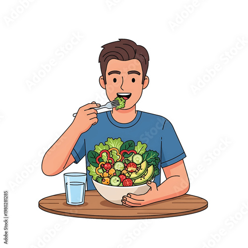 Man eating a fresh green salad.