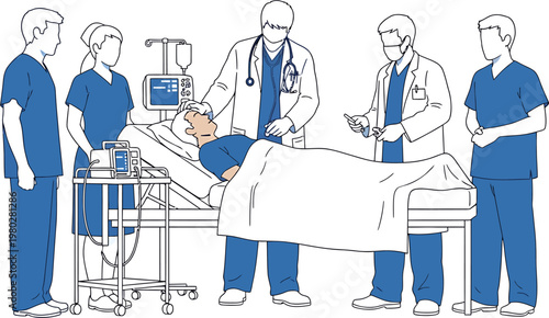 Medical professionals attend to a patient in a hospital setting, surrounded by advanced medical equipment and monitoring devices