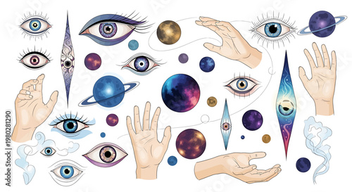 Eyes and hands with planets and crystals.