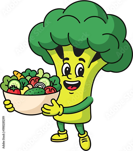 Happy Broccoli Character Holding a Bowl of Fresh Salad, Promoting Healthy Eating and Vegetarian Lifestyle