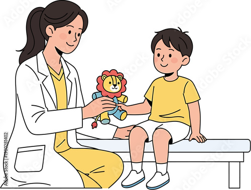 Compassionate Female Doctor Comforts Young Boy with a Friendly Lion Toy During a Pediatric Healthcare Visit, Creating a Positive Experience for Children