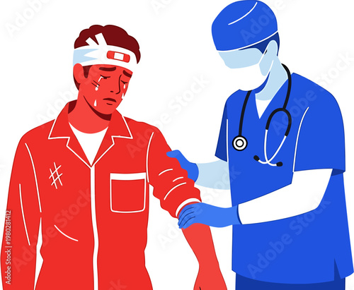 A compassionate doctor provides medical attention and comfort to an injured man with head and arm bandages, illustrating patient care and recovery