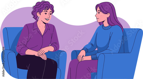 Empathetic conversation between two women, depicting a productive meeting, therapy session, or coaching interaction for advice, support, and collaborative problem-solving