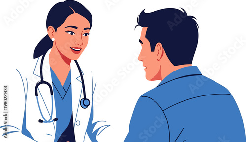 A compassionate female doctor provides a medical consultation to a male patient, illustrating personalized healthcare and professional advice in a clinic setting