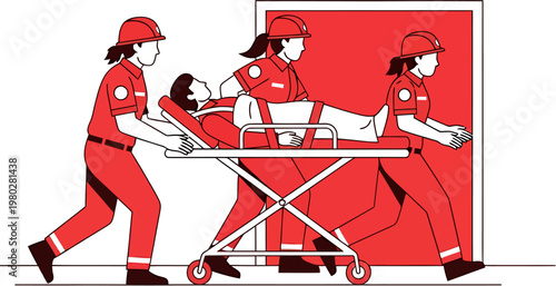Paramedics transporting a patient on a stretcher through a doorway, symbolizing emergency medical services and rescue operations