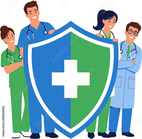 Medical professionals standing behind a shield with a cross symbol, representing healthcare protection and safety