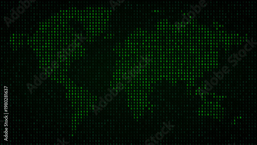 Abstract digital world map made of binary code representing global data flow, cybersecurity, and network connectivity. Ideal for technology, hacking, AI, and cyber communication visuals.