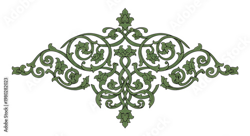 Intricate Green Floral Ironwork Design Element.