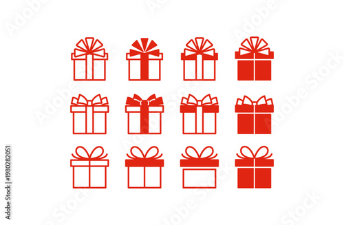 シンプルなギフトボックスのアイコンセット（赤・12種類）