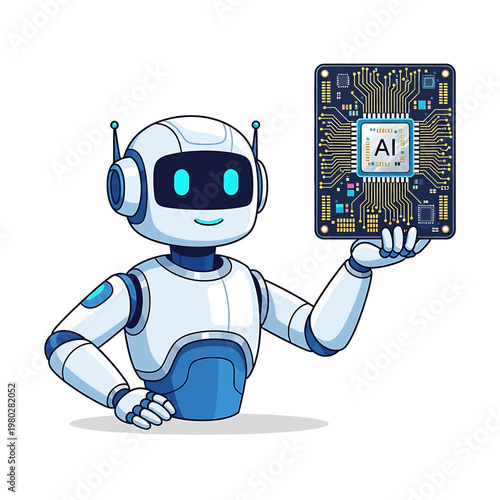Robot holding AI microchip component.