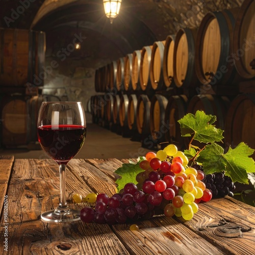 A glass of red wine and a bunch of grapes rest on a wooden table in a wine cellar.