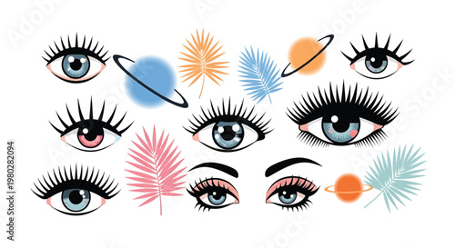 Eyes with various colorful lashes makeup.