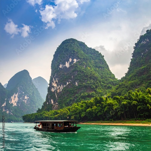 A traditional boat glides along the serene, emerald waters surrounded by towering karst mountains in a breathtaking landscape.