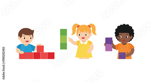 This vector illustration shows three diverse young children happily engaged in playing with colorful building blocks against a white background.