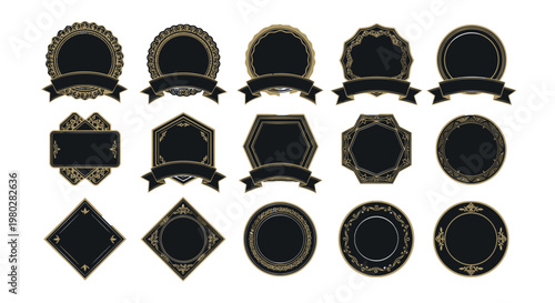 Collection of Vintage Decorative Labels and Badges with Ornate Borders and Ribbons