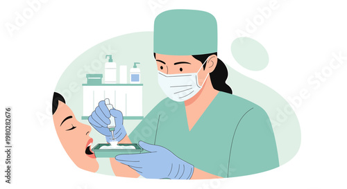 Dentist applying treatment to patient's open mouth, dental care concept illustration