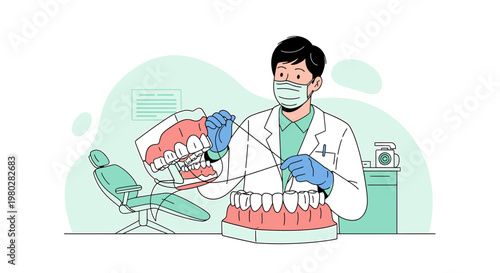 Dentist demonstrating teeth flossing on dental models, promoting oral hygiene and dental care.