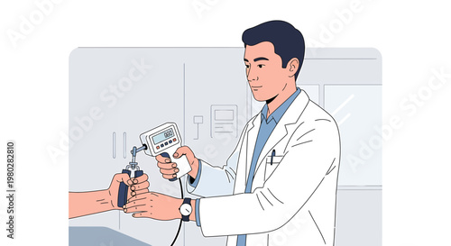 Doctor checking patient's temperature with infrared thermometer, healthcare concept