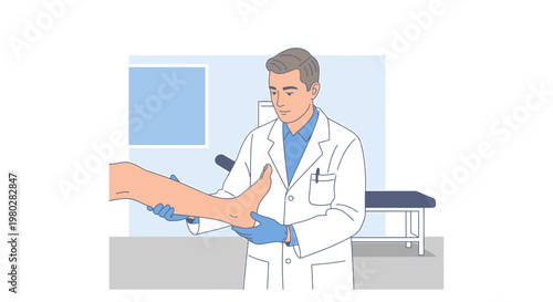 Doctor examines patient's leg and foot in a medical clinic examination room