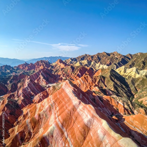 A breathtaking aerial view showcases the vibrant, layered sandstone formations of the Rainbow Mountains in China, bathed in sunlight under a clear blue sky.