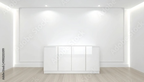A modern, minimalist interior showcases a pristine white reception desk positioned before a large, blank wall illuminated by subtle, integrated lighting.