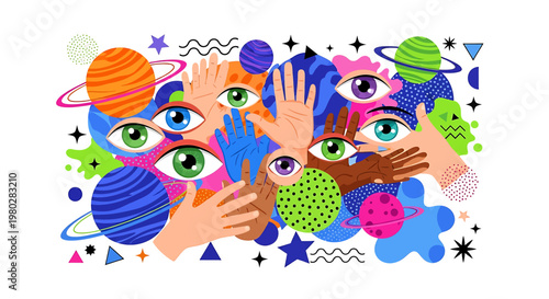 Hands covering colorful cartoon eyes.