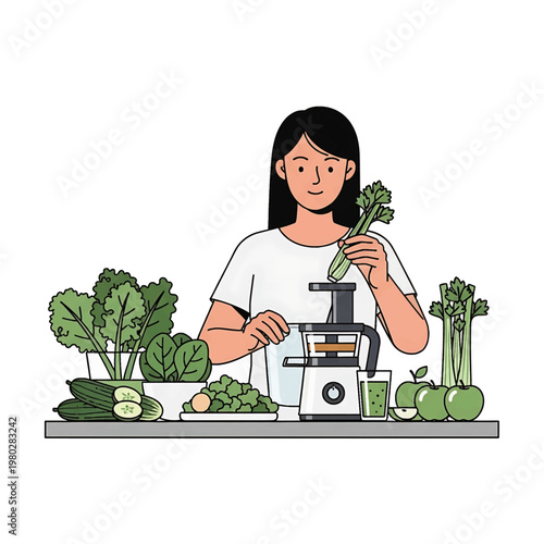 Woman preparing healthy green juice ingredients.