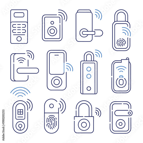 Various smart home and security device icons with wireless connectivity indicators