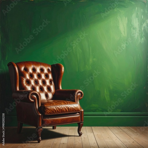 A luxurious brown leather armchair sits elegantly against a textured green wall, creating a sophisticated and inviting interior scene.