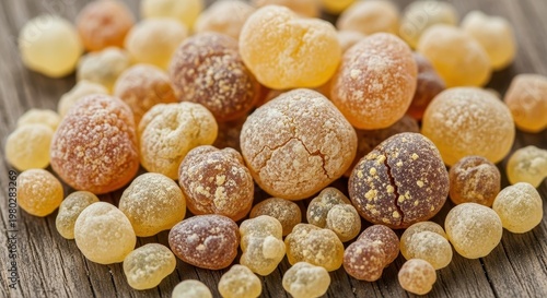 Close-up of aromatic frankincense resin granules on wooden surface.