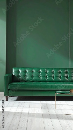 A luxurious emerald green leather sofa sits against a matching wall in a minimalist interior.