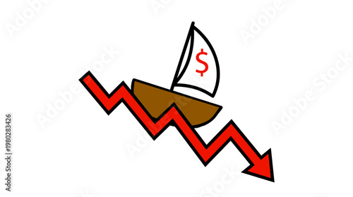 Conceptual illustration depicting a business downturn, with a boat sailing on a declining arrow, serving as a powerful icon for news, advertising.