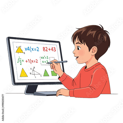 Boy writing on computer screen.