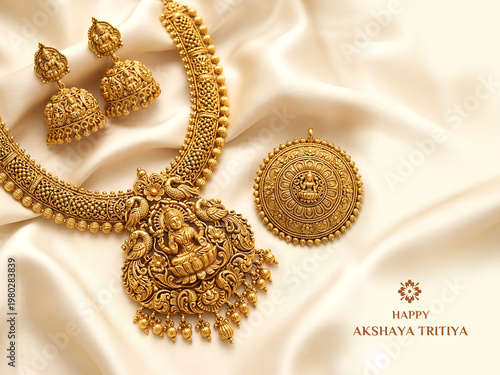 A luxurious Akshaya Tritiya Poster, gold jewellery earrings. Soft ivory silk fabric Background