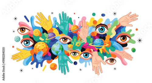 Eyes and hands in colorful art.