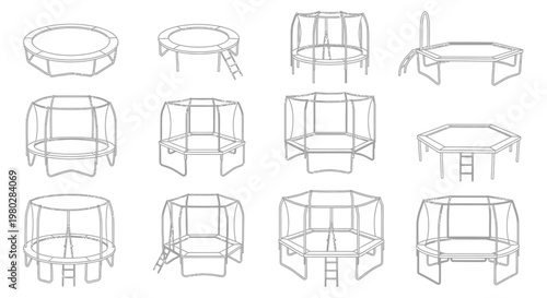 Line art illustrations depict various trampoline designs showcasing different shapes and safety enclosures