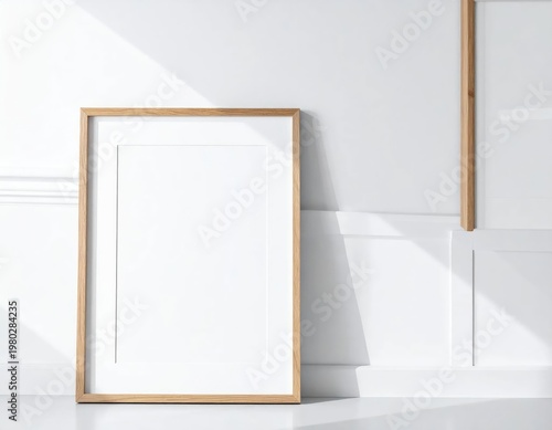 A minimalist interior scene showcases two wooden picture frames against a textured white wall, bathed in soft natural light.