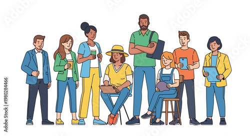 Diverse group of people standing and sitting, casual style, illustration