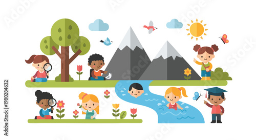 Vibrant vector of diverse children exploring nature through activities like swimming, studying flowers, and observing wildlife in a scenic park.