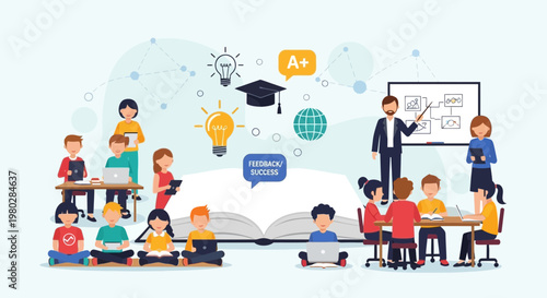 Diverse students learning and collaborating in a modern classroom setting with teacher