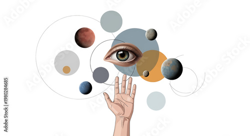 Hand with eye and colorful bubbles.