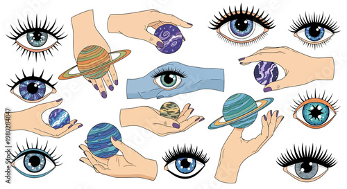 Hands holding planets and human eyes.
