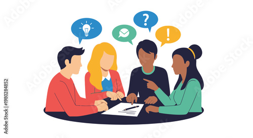 Diverse team brainstorming ideas around a table with speech bubbles