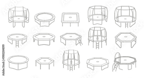 Line art illustration displaying various trampoline shapes and sizes including round square and hexagonal designs