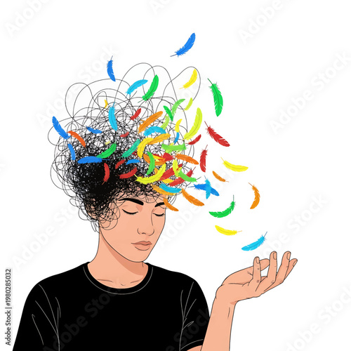 Person with colorful thoughts escaping mind.