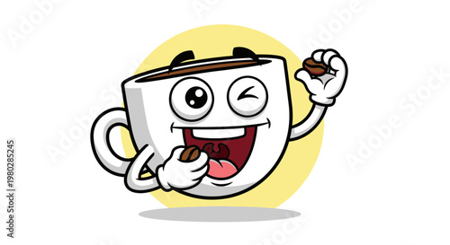 Happy Cartoon Coffee Cup Character Eating Coffee Beans