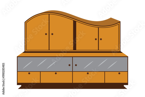 Wooden kitchen cabinet set in clean flat vector illustration style with drawers and glass doors. Simple and detailed furniture design, perfect for interior, home decor, and kitchen concepts.
