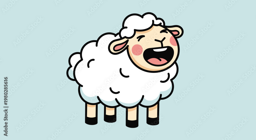 Obraz premium Happy Cartoon Sheep Laughing with Joy on Light Blue Background