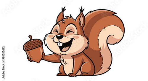 Happy Cartoon Squirrel Holding an Acorn, Cute Animal Illustration